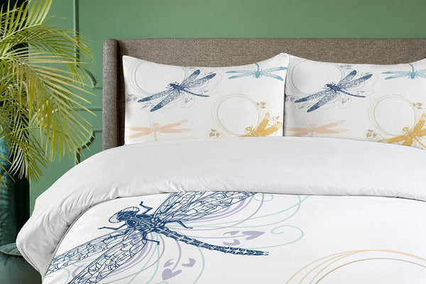Queen Duvet Cover Set — Dragonfly Floral Print, 3-Piece Bedding Set with Pillow Shams