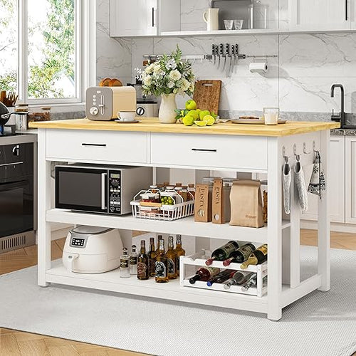 Kitchen Island with Power Outlets & Rubberwood Top