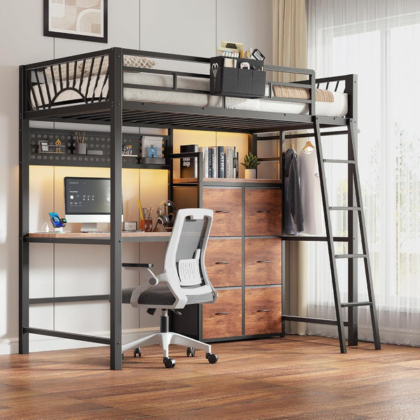 Twin Loft Bed with Desk, Storage Drawers & LED Lights