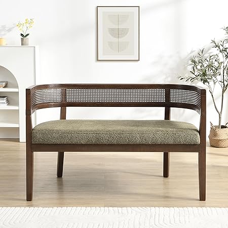 Fabric Upholstered Loveseat with Rattan Backrest & Rubberwood Frame