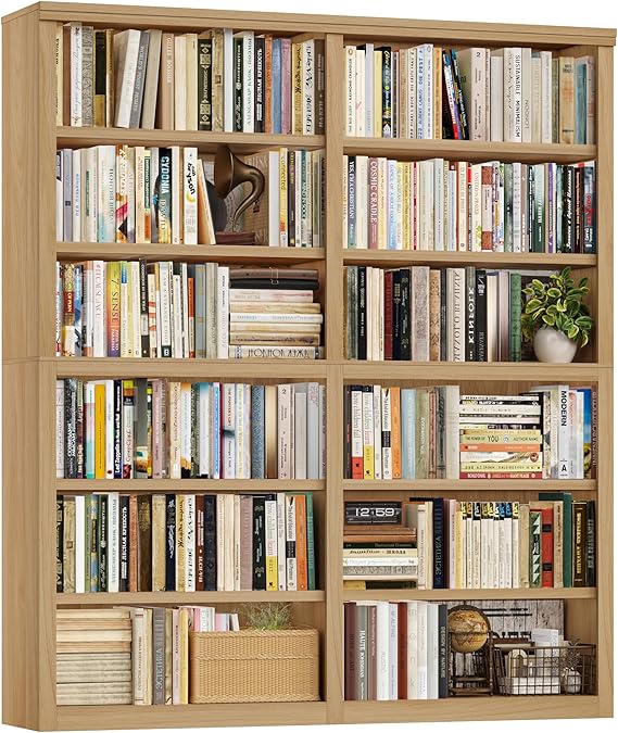 12-Shelf Double Wide Bookcase, 73" Tall Large Bookshelf with Storage