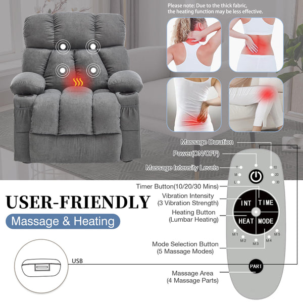 Massage Rocker Recliner Chair with Heat & Vibration – 4 Pockets, Cup Holders & USB Port