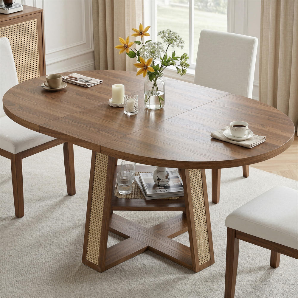 Extendable Round Dining Table with Storage Shelf — Seats 4–8