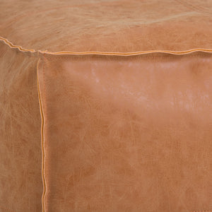 Square Pouf Ottoman – 18" x 14" Vegan Leather, Distressed Brown