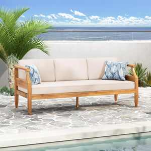 Outdoor 3-Seater Acacia Wood Sofa with Water-Resistant Cushions
