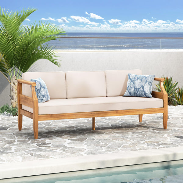 Outdoor 3-Seater Acacia Wood Sofa with Water-Resistant Cushions