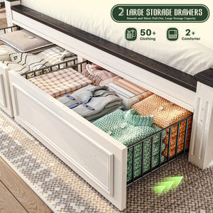 Farmhouse King Bed Frame with Storage Drawers & Headboard, White