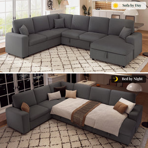 U-Shaped Sectional Sofa Bed with Storage, 6-Seater, 130"