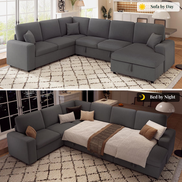U-Shaped Sectional Sofa Bed with Storage, 6-Seater, 130"