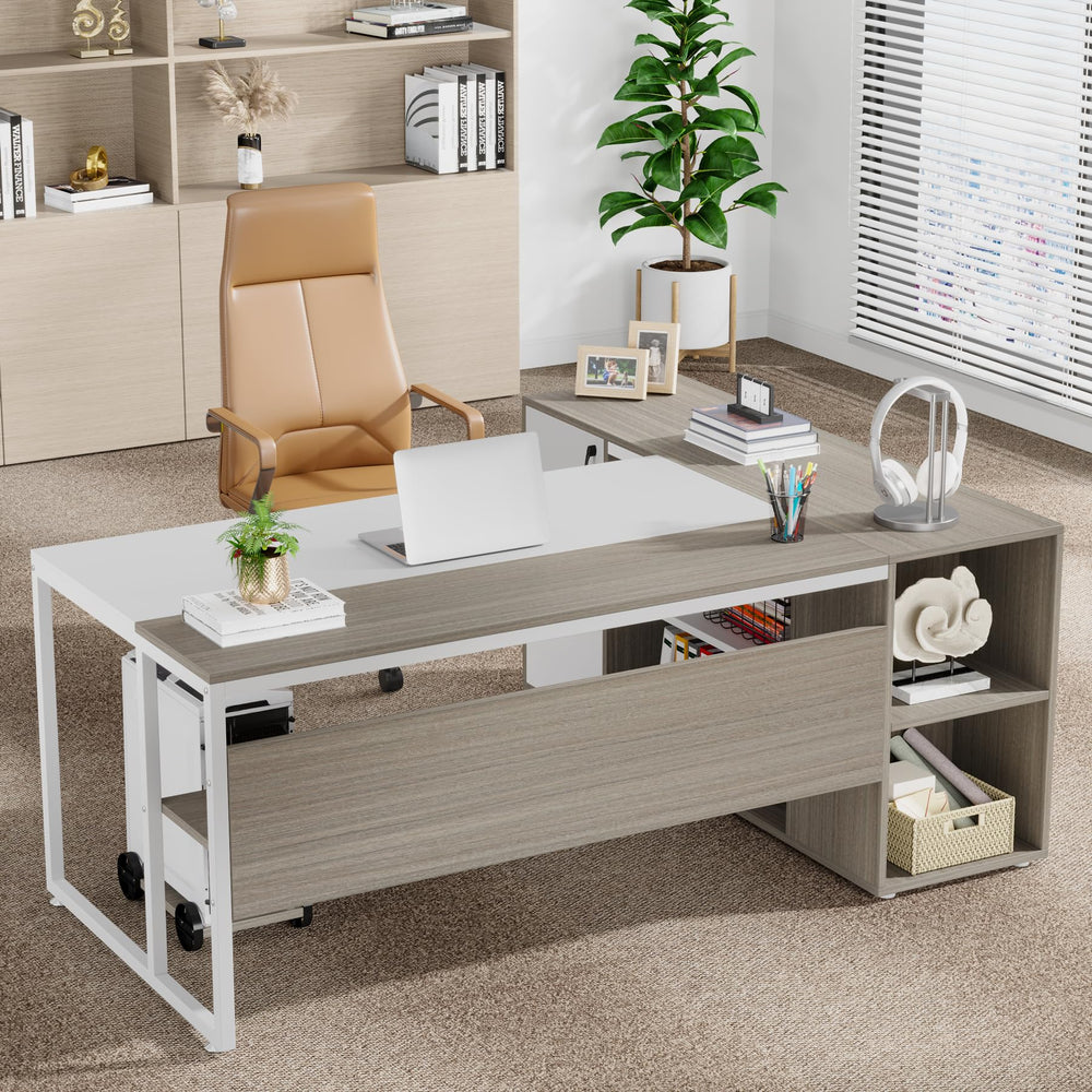 L-Shaped Executive Desk with Storage Cabinet & Shelves, 71"