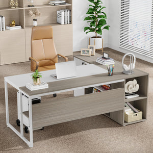 L-Shaped Executive Desk with Storage Cabinet & Shelves, 71"
