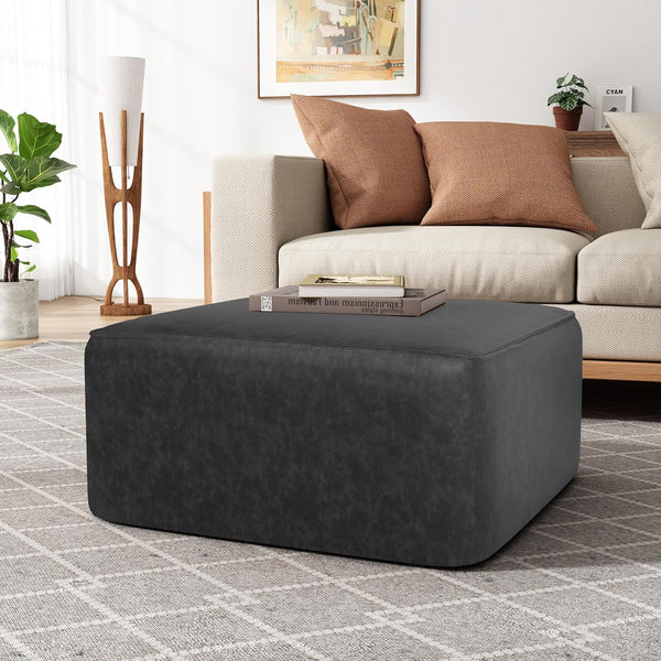 Square Faux Leather Ottoman Pouf with Wood Frame