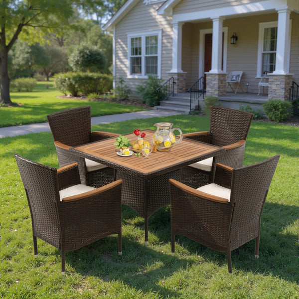 Rattan Patio Dining Set with Acacia Wood Tabletop