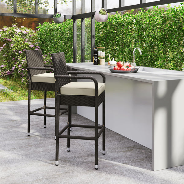 Outdoor Wicker Bar Stools with Armrests, Footrests & Cushions (Brown/Beige)