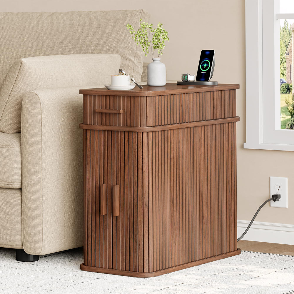 Fluted End Table with Charging Station and Storage