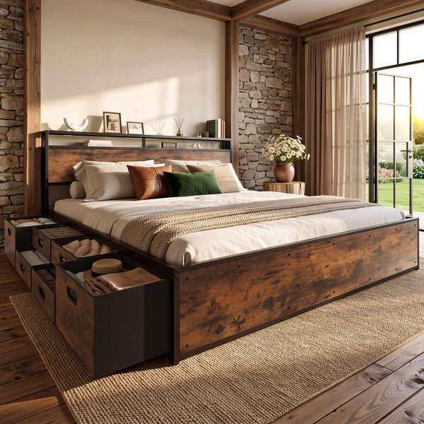 King & Queen Platform Bed Frame with 12 Storage Drawers & Headboard