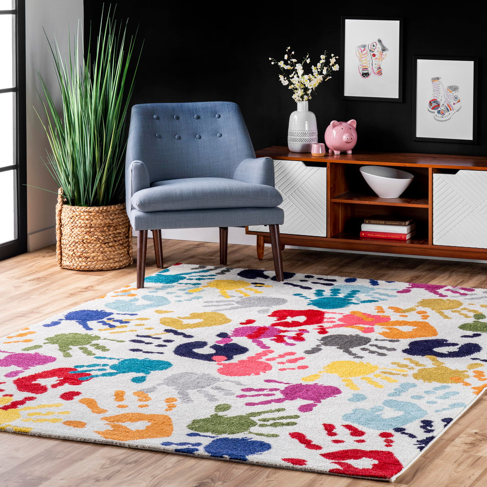 Kids Handprint Area Rug 5x8 Multicolor Polypropylene
