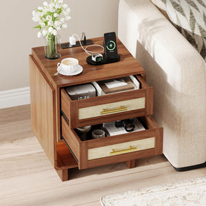 Farmhouse Nightstand with Charging Station & LED Light