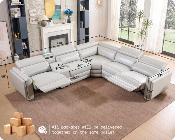 129-Inch Power Recliner Sectional Sofa with Console & Speakers