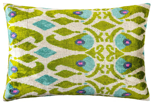 Velvet Silk Ikat Throw Pillow | 16x24" | Green & Blue