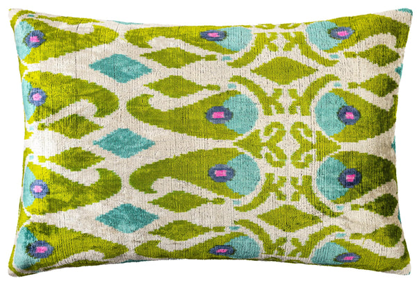 Velvet Silk Ikat Throw Pillow | 16x24" | Green & Blue
