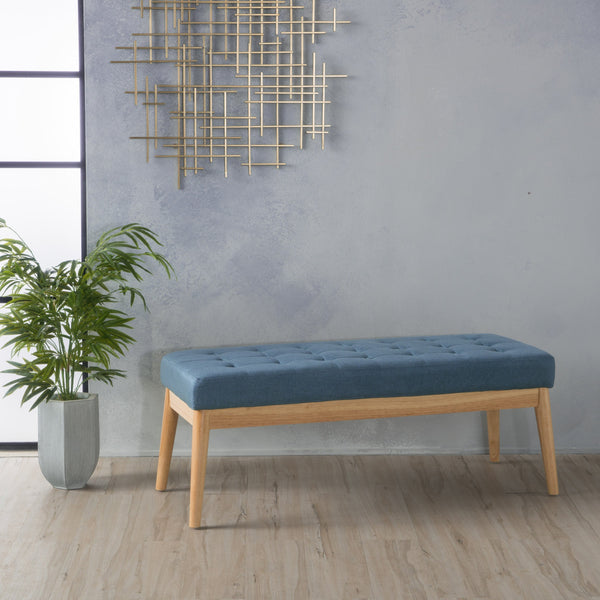Midcentury Tufted Fabric Bench – Blue