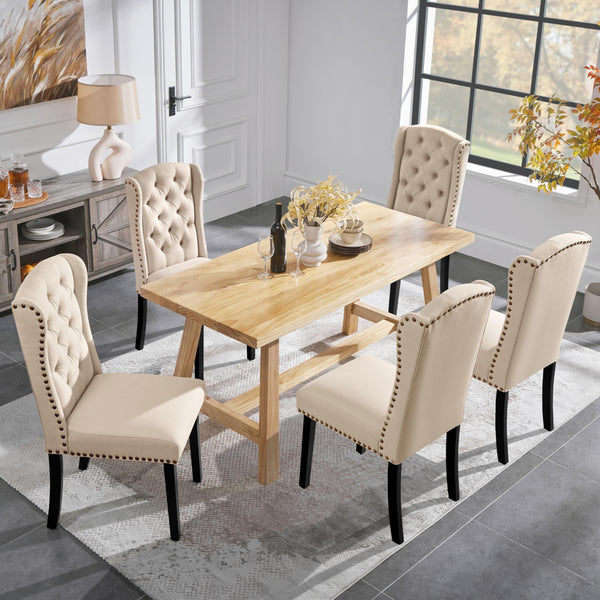 Button-Tufted Upholstered Dining Chairs with Solid Wood Legs – Beige