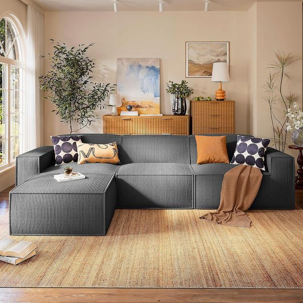 111" L-Shaped Modular Sectional Sofa – Grey Corduroy