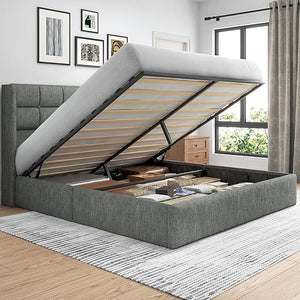 King Size Lift-Up Storage Bed Frame with Tufted Wingback Headboard
