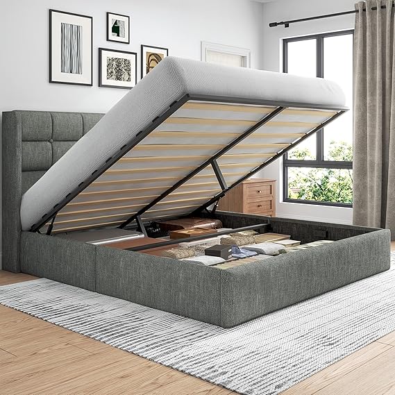 King Size Lift-Up Storage Bed Frame with Tufted Wingback Headboard