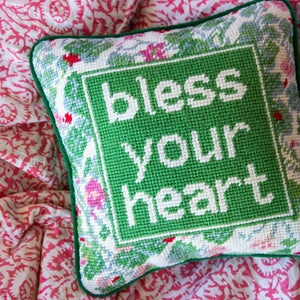 Needlepoint Throw Pillow – Bless Your Heart – 10" x 10" Green Embroidered Accent Pillow