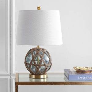 Aqua Glass & Rope Nautical Table Lamp with White Linen Drum Shade