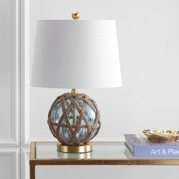Aqua Glass & Rope Nautical Table Lamp with White Linen Drum Shade