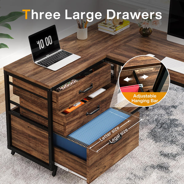 Reversible L-Shaped Computer Desk with Drawers & Shelves