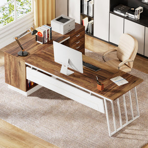 L-Shaped Executive Desk with File Cabinet & Storage