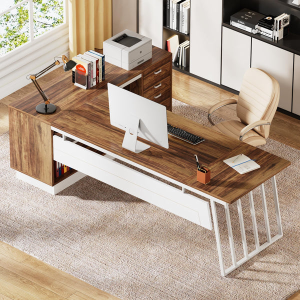 L-Shaped Executive Desk with File Cabinet & Storage