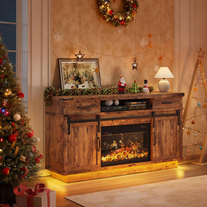 Fireplace TV Stand with Electric Fireplace, LED Light & Sliding Barn Door – Fits TVs up to 65"