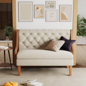 Mid-Century Modern Loveseat Sofa with Natural Rattan Arms & Upholstered Cushions