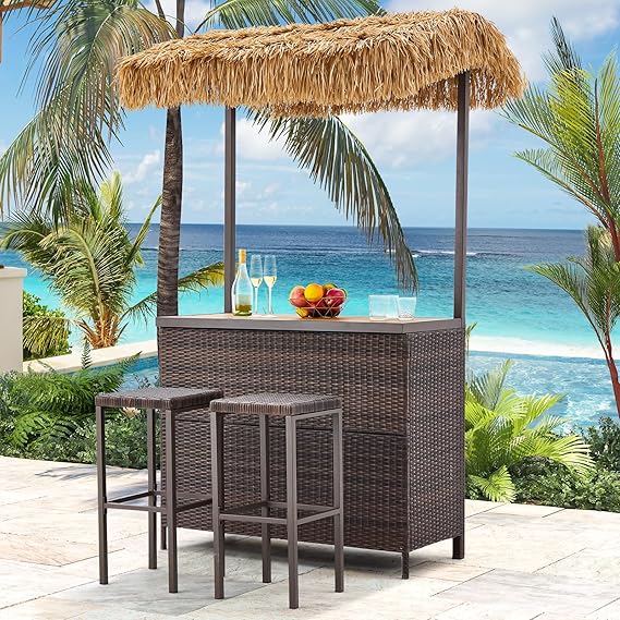 3-Piece Outdoor Tiki Bar Set with Stools & Canopy