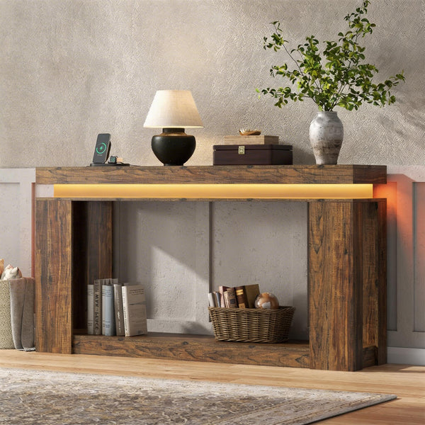 63" Console Table with LED Lighting & Charging Station