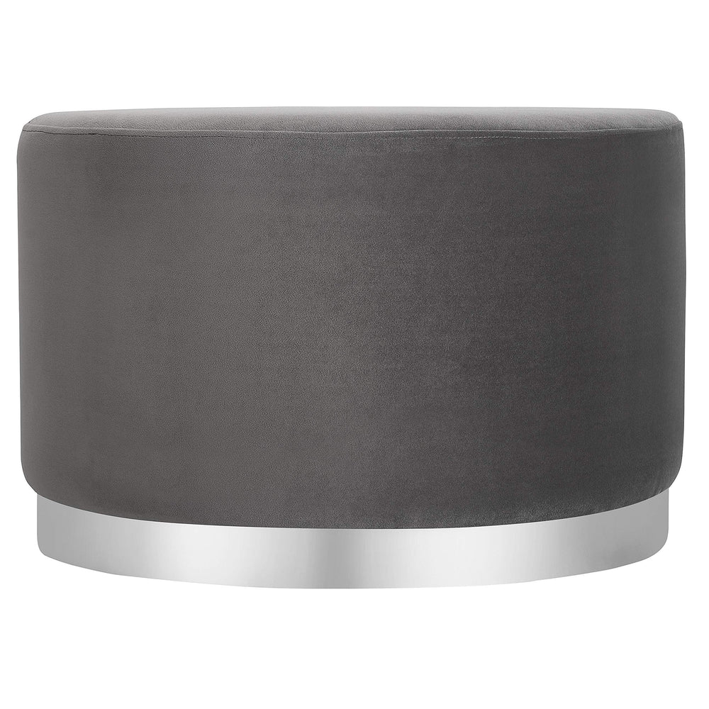 Round Grey Velvet Ottoman Pouf with Silver Trim