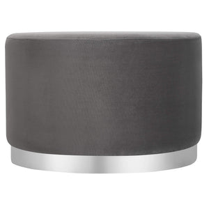 Round Grey Velvet Ottoman Pouf with Silver Trim