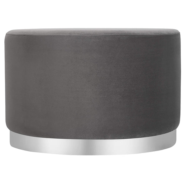 Round Grey Velvet Ottoman Pouf with Silver Trim