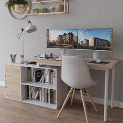 L-Shaped Corner Desk with Drawers and Open Shelves