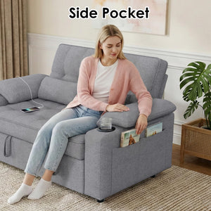 58" Convertible Sofa Bed with USB Charger & Cup Holders – Teddy Fabric Loveseat