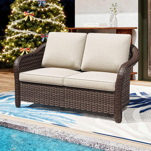 Outdoor 2-Seat Wicker Patio Sofa with Cushions