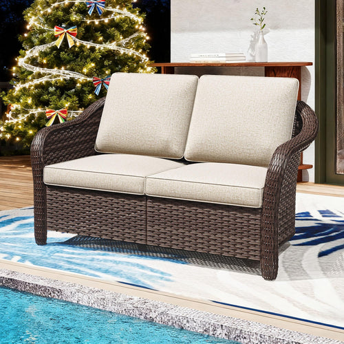 Outdoor 2-Seat Wicker Patio Sofa with Cushions