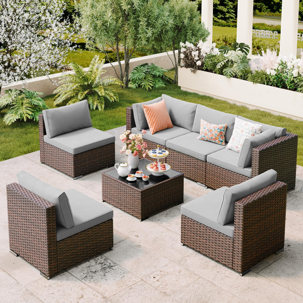 7-Piece Outdoor PE Rattan Sectional Sofa Set with Cushions & Glass Coffee Table