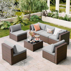 7-Piece Outdoor PE Rattan Sectional Sofa Set with Cushions & Glass Coffee Table