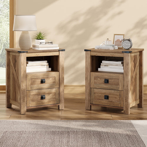 Farmhouse Nightstand Set of 2 with Drawer & Open Shelf